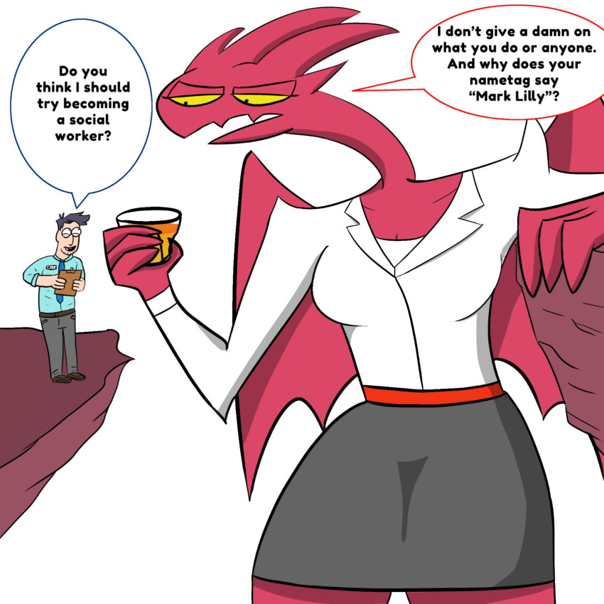 1:1 anthro arm_support beverage bottomwear breasts callie_maggotbone clothing comedy_central dave_(satina) delvin_inzane13 demon demon_dragon duo english_text eye_contact fangs female half-closed_eyes hi_res holding_beverage holding_glass holding_object horn human larger_anthro larger_female long_neck looking_at_another looking_down lucia_(satina) macro male male/female mammal mark_lilly narrowed_eyes parody red_body red_skin satina_wants_a_glass_of_water shirt size_difference skirt smaller_human smaller_male social_worker speech_bubble spikes spikes_(anatomy) talking_to_another talking_to_partner teeth text thick_thighs topwear ugly_americans uniform wings yellow_eyes