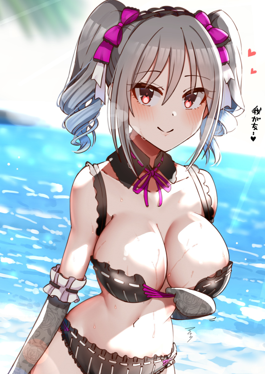 absurdres bikini blush bow breasts cleavage collarbone detached_collar drill_hair female frilled_bikini frills gloves grey_hair hair_ribbon hairbow highres idolmaster idolmaster_cinderella_girls kanzaki_ranko lace lace_gloves mabanna medium_breasts navel ocean red_eyes ribbon ribbon-trimmed_bikini smile solo swimsuit twin_drills twintails wet