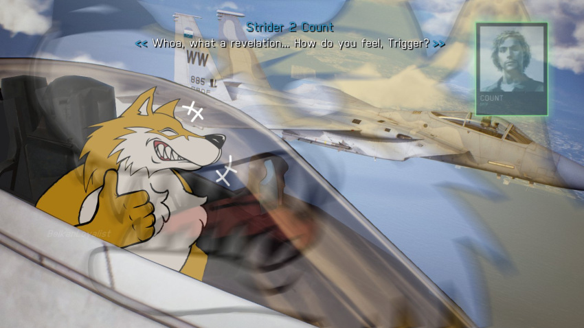 16:9 ace_combat ace_combat_7 aircraft airplane angry anthro bandai_namco belkanloyalist_(artist) blue8492_(artist) canid canine canis cloud count_(ace_combat_7) duo english_text f-15 f-15_eagle f-22 f-22_raptor f15c gesture hand_gesture hi_res human humanoid inner_monologue male mammal nodding_head pilot rage_face text thumbs_up trigger_(ace_combat_7) vehicle widescreen wolf