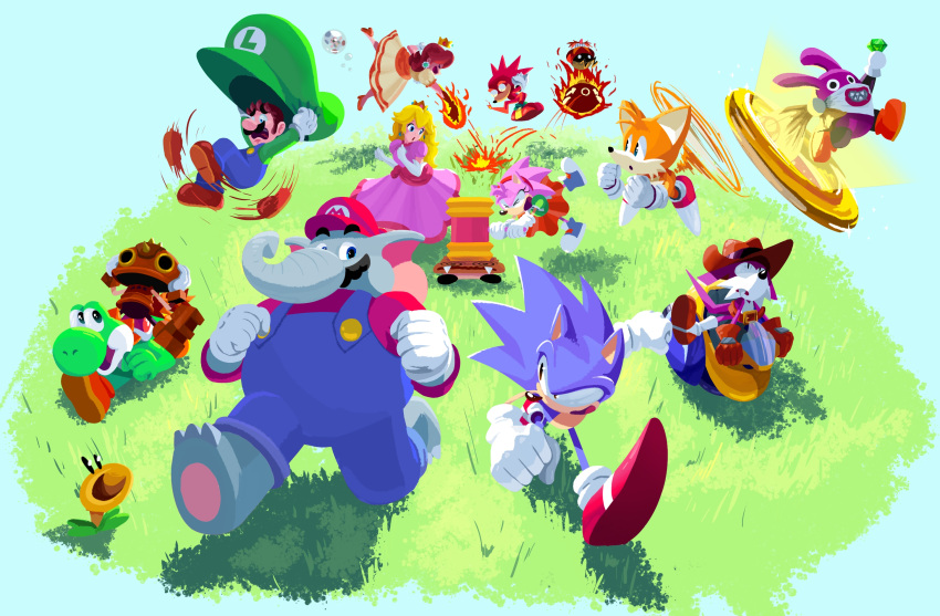 4girls 6+boys @_@ amy_rose blue_toad_(mario) cowboy_hat crossover dr._eggman elephant_mario facial_hair fang_the_sniper fire fire_daisy floating goomba grass hammer hat highres knuckles_the_echidna luigi mario mario_(series) moustache multiple_boys multiple_girls nabbit overalls pocho22059768 portal_(object) princess_daisy princess_peach ring_(sonic) robot running sonic_(series) sonic_superstars sonic_the_hedgehog sonic_the_hedgehog_(classic) super_mario_bros._wonder tails_(sonic) talking_flower_(mario) toad_(mario) trip_the_sungazer yoshi