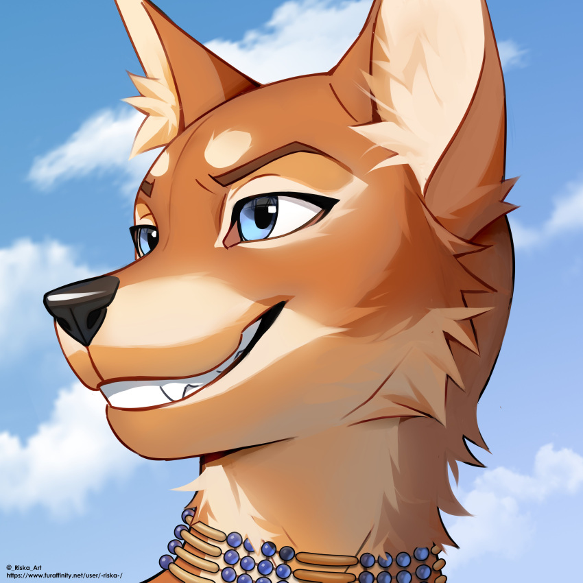 1:1 2023 absurd_res anthro black_nose blue_eyes brown_body brown_fur bruma_(rinzazen) canid canine canis cheek_tuft choker clenched_teeth cloud confident countershade_face countershading detailed_background digital_media_(artwork) english_text ethiopian_wolf eyebrows facial_tuft fluffy fur glistening glistening_eyes hairless headshot_portrait hi_res inner_ear_fluff jewelry looking_away male mammal multicolored_body multicolored_fur necklace open_mouth open_smile outside portrait riska_(artist) sky smile smiling_at_another solo teeth text tuft two_tone_body two_tone_fur url white_body white_fur