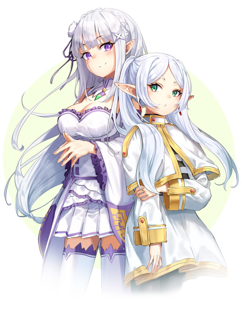 2girls absurdres breasts capelet cleavage closed_mouth commentary_request crossover detached_sleeves earrings elf emilia_(re:zero) frieren green_background green_eyes grey_hair highres jewelry looking_at_viewer m.tokotsu medium_breasts multiple_girls pointy_ears purple_eyes re:zero_kara_hajimeru_isekai_seikatsu skirt smile sousou_no_frieren species_connection trait_connection twintails two-tone_background white_background white_capelet white_skirt white_sleeves