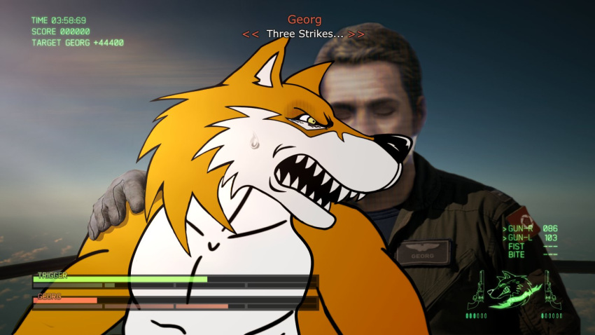 ace_combat ace_combat_7 angry anthro bandai_namco belkanloyalist_(artist) blue8492_(artist) bodily_fluids canid canine canis catwalk cloud duo fight flight_suit gameplay_mechanics georg_(ace_combat_7) grabbing_shoulders gui health_bar hi_res human humanoid male mammal rage_face shocked sweat sweatdrop trigger_(ace_combat_7) wolf