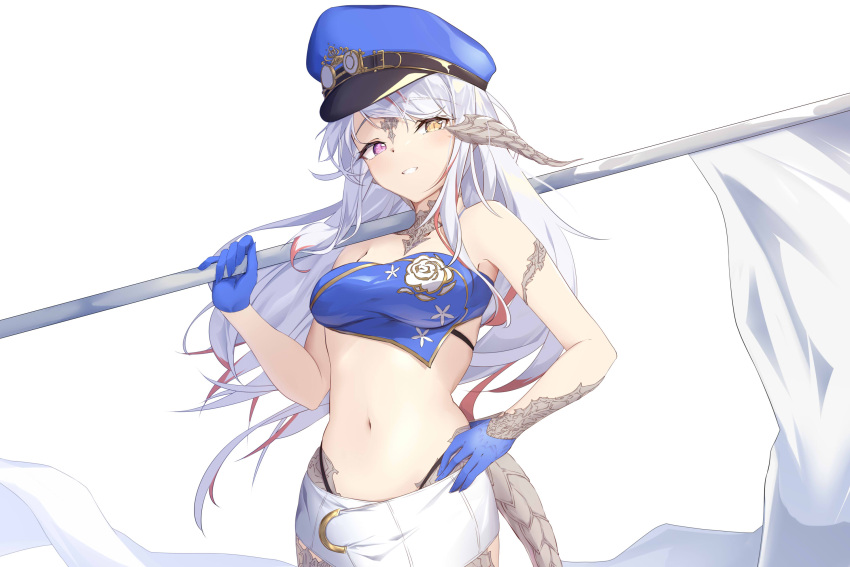 au_ra bandeau bare_shoulders black_panties blue_gloves blue_hat breasts commentary_request commission crop_top dragon_girl dragon_horns dragon_tail female final_fantasy final_fantasy_xiv flag gloves grey_hair grin hand_on_own_hip hand_up hat heterochromia highleg highleg_panties highres holding holding_flag horns long_hair medium_breasts multicolored_hair navel panties partial_commentary peaked_cap ponta_(velmar) purple_eyes red_hair scales simple_background skeb_commission skirt smile solo strapless streaked_hair swept_bangs tail tube_top underwear very_long_hair warrior_of_light_(ff14) white_background white_flag white_skirt yellow_eyes