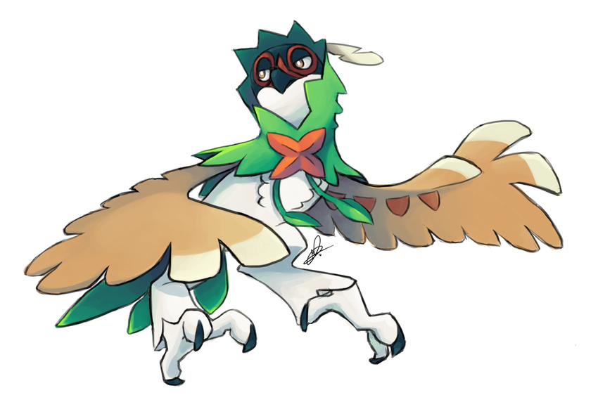 2016 ambiguous_gender avian beak bird brown_body brown_feathers decidueye feathered_wings feathers feet feral generation_7_pokemon lanmana nintendo pokemon pokemon_(species) simple_background solo talons toes white_background white_body white_feathers wings