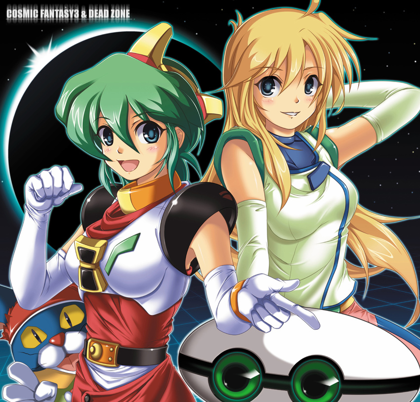 2girls armor belt blonde_hair carry_(dead_zone) clenched_hand colored_sclera commentary_request copyright_name cosmic_fantasy crossover dead_zone elbow_gloves feline gloves green_hair highres long_hair mai_(cosmic_fantasy) marry_(dead_zone) multiple_girls nyan_(cosmic_fantasy) photoshop_(medium) robot shirt short_hair tanbe white_gloves yellow_sclera