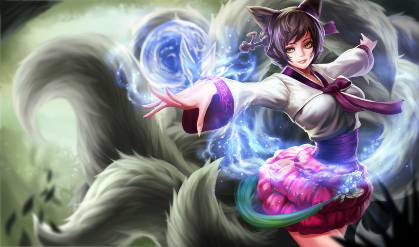 absurdres ahri_(league_of_legends) alternate_costume alternate_hair_length alternate_hairstyle animal_ears black_hair commentary dynasty_ahri facial_mark female fox_ears fox_tail goomrrat hair_ornament hair_stick hanbok has_bad_revision has_downscaled_revision highres korean_clothes league_of_legends lips md5_mismatch multiple_tails orb outstretched_arms photoshop_(medium) resolution_mismatch short_hair smile solo source_smaller tail whisker_markings yellow_eyes