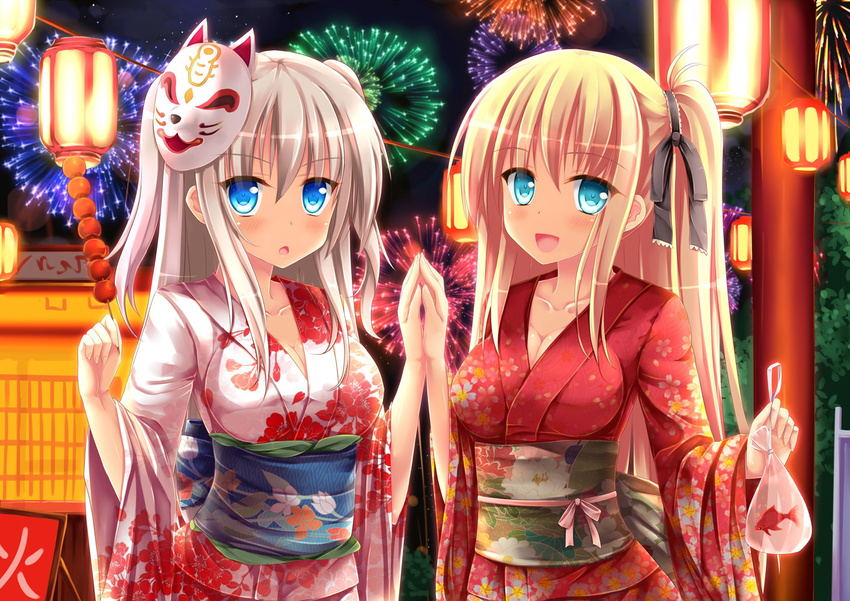 2girls :d :o aerial_fireworks bag bagged_fish black_ribbon blonde_hair blue_eyes blush breasts charlotte_(anime) cleavage commentary fireworks fish floral_print fox_mask goldfish hair_ribbon holding holding_hands japanese_clothes kimono lantern long_hair looking_at_viewer mask mask_on_head medium_breasts multiple_girls nanairo_fuusen night night_sky nishimori_yusa obi one_side_up open_mouth outdoors ribbon sash side_ponytail sidelocks sky smile tomori_nao two_side_up white_hair yukata