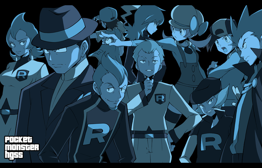 2girls 6+boys alternate_costume archer_(pokemon) ariana_(pokemon) bad_id bad_pixiv_id ball baseball_cap blue_theme cabbie_hat clothes_writing copyright_name earrings ethan_(pokemon) facial_hair formal giovanni_(pokemon) goatee grand_theft_auto grand_theft_auto_iii hat highres holding holding_ball holding_poke_ball jewelry lance_(pokemon) lyra_(pokemon) monochrome multiple_boys multiple_girls parody petrel_(pokemon) pikachu poke_ball poke_ball_(basic) pokemon pokemon_(creature) pokemon_hgss pokemon_rgby proton_(pokemon) red_(pokemon) revision shigino_sohuzi silver_(pokemon) suit suspenders team_rocket team_rocket_uniform