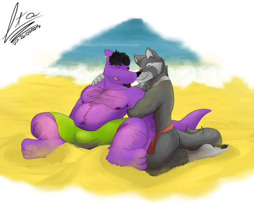 aetherel anthro beach bottomwear canid canine canis clothed clothing duo fish loincloth male male/male mammal marine outside padzyan_(character) piercing romantic romantic_couple seaside shark topless wolf zordy_and_keabo