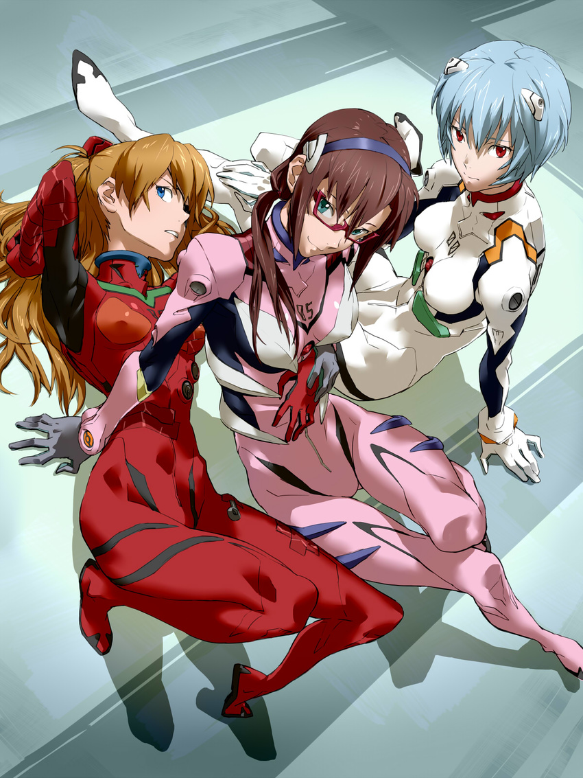 3girls arm_around_waist arm_behind_head arm_support arm_up armpits ayanami_rei baariya black_hair blue_eyes blue_hair bodysuit bracer breasts breasts_apart brown_hair closed_mouth commentary_request covered_armpit covered_nipples evangelion:_3.0_you_can_(not)_redo expressionless eyepatch from_above from_side full_body glasses gloves green_eyes hair_between_eyes hair_over_shoulder hairband hand_on_another's_stomach hand_on_own_knee head_tilt headgear highres holding_hands hug hug_from_behind knees_up legs_together light_smile long_hair looking_at_viewer low_twintails lying makinami_mari_illustrious medium_breasts multiple_girls narrow_waist neon_genesis_evangelion on_back pilot_suit pink-framed_eyewear pink_bodysuit plugsuit rebuild_of_evangelion red_eyes semi-rimless_eyewear shadow short_hair sidelocks sitting small_breasts smile souryuu_asuka_langley tape thigh_gap tiptoes turtleneck twintails two_side_up under-rim_eyewear white_bodysuit