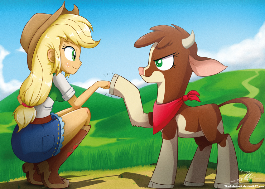 2015 applejack_(eg) arizona_cow_(tfh) blonde_hair boots bovid bovine cattle clothing crossover crouching duo equestria_girls female feral fist_bump footwear freckles gesture green_eyes hair hasbro hat headgear headwear hereford_cattle horn human knee_boots knee_highs legwear mammal my_little_pony outside smile the-butcher-x them's_fightin'_herds