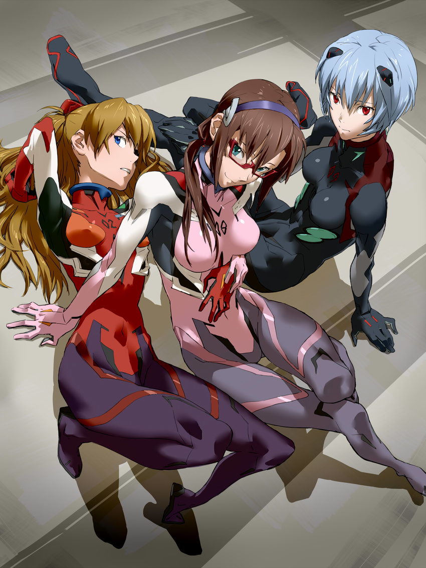 3girls ayanami_rei baariya black_bodysuit blue_eyes blue_hair bodysuit brown_hair commentary_request covered_armpit evangelion:_3.0_you_can_(not)_redo from_above glasses green_eyes hair_ornament hairband hand_on_another's_stomach highres legs legs_folded light_smile long_hair looking_at_viewer looking_up lying makinami_mari_illustrious multiple_girls neon_genesis_evangelion on_back on_floor pink_bodysuit plugsuit rebuild_of_evangelion red_eyes shadow short_hair sitting skin_tight souryuu_asuka_langley