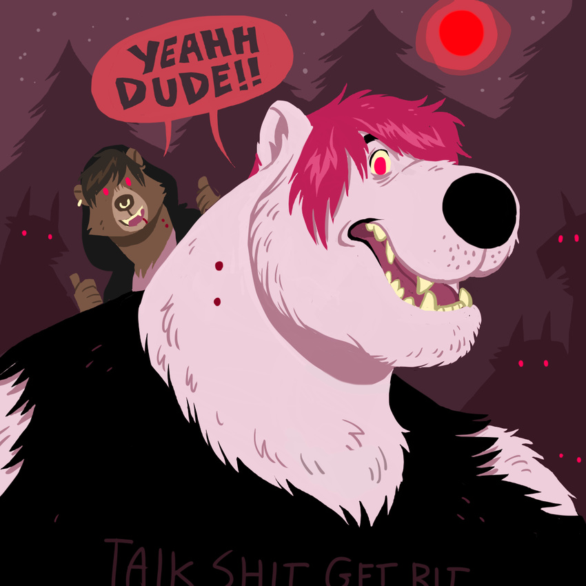 1:1 anthro austin_(night_physics) bear bite blood bodily_fluids dialogue dramamine duo_focus english_text fairbanks_(night_physics) group halloween hi_res holidays male mammal moon night polar_bear silhouette speech_bubble text ursine vampire were wereursid wereursine