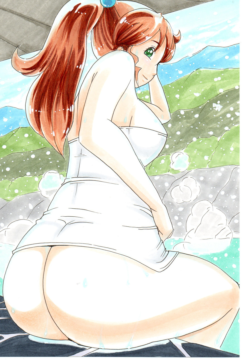 absurdres ass bad_id bad_pixiv_id bishoujo_senshi_sailor_moon bottomless breasts brown_hair female green_eyes hayami_jin highres impossible_towel kino_makoto large_breasts looking_at_viewer looking_back marker_(medium) naked_towel onsen outdoors ponytail rock sitting smile solo steam towel traditional_media water wet