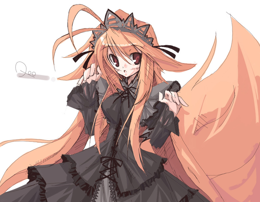 animal_ears bad_id bad_pixiv_id breasts endou_chihiro female fox_ears fox_tail long_hair maid medium_breasts original red_eyes simple_background solo tail very_long_hair white_background