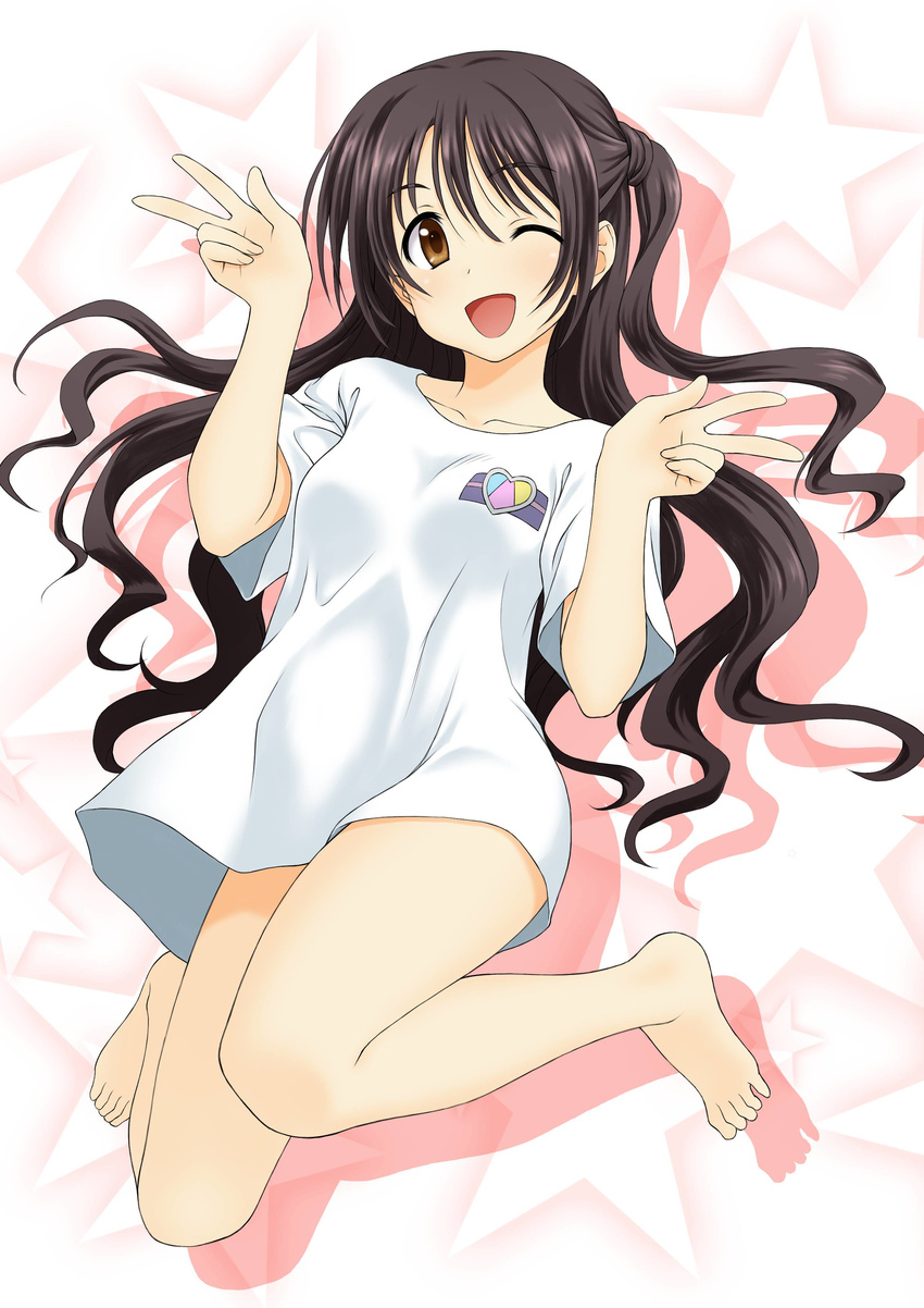 ;d absurdres barefoot bottomless brown_eyes brown_hair drop_shadow female full_body heart highres idolmaster idolmaster_cinderella_girls long_hair looking_at_viewer naked_shirt one_eye_closed open_mouth peter_(gvb) shimamura_uzuki shirt short_sleeves smile solo star_(symbol) t-shirt w