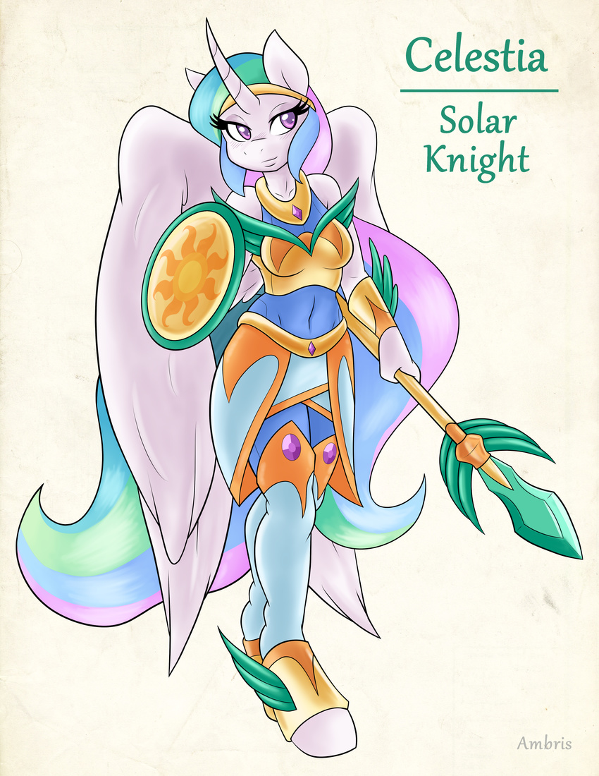 2015 absurd_res alicorn ambris anthro anthrofied armor best_princess blush breasts english_text equid equine eyelashes feathered_wings feathers female friendship_is_magic fur hair hasbro hi_res horn long_hair mammal melee_weapon multicolored_hair multicolored_tail my_little_pony mythological_creature mythological_equine mythology navel polearm princess_celestia_(mlp) purple_eyes shield smile solo spear tail text weapon white_body white_feathers white_fur wings