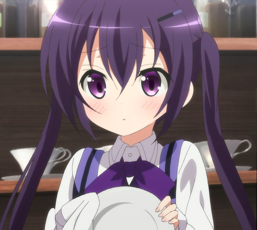 blush bow dishwashing gochuumon_wa_usagi_desu_ka? gochuumon_wa_usagi_desuka? plate purple_eyes purple_hair screencap tedeza_rize twintails twintails violet_eyes