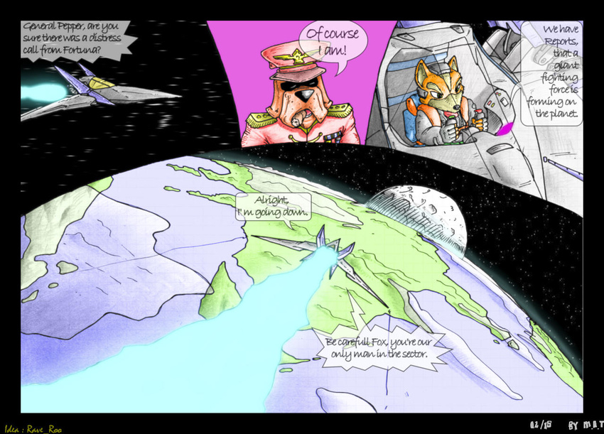 aircraft alternating_focus anthro blockage_(layout) canid canine canis comic dialogue domestic_dog duo english_text four_frame_image fox fox_mccloud fur general_pepper horizontal_blockage lust_penis male mammal mot nintendo planet remake space star_fox text traditional_media_(artwork) transformation vehicle