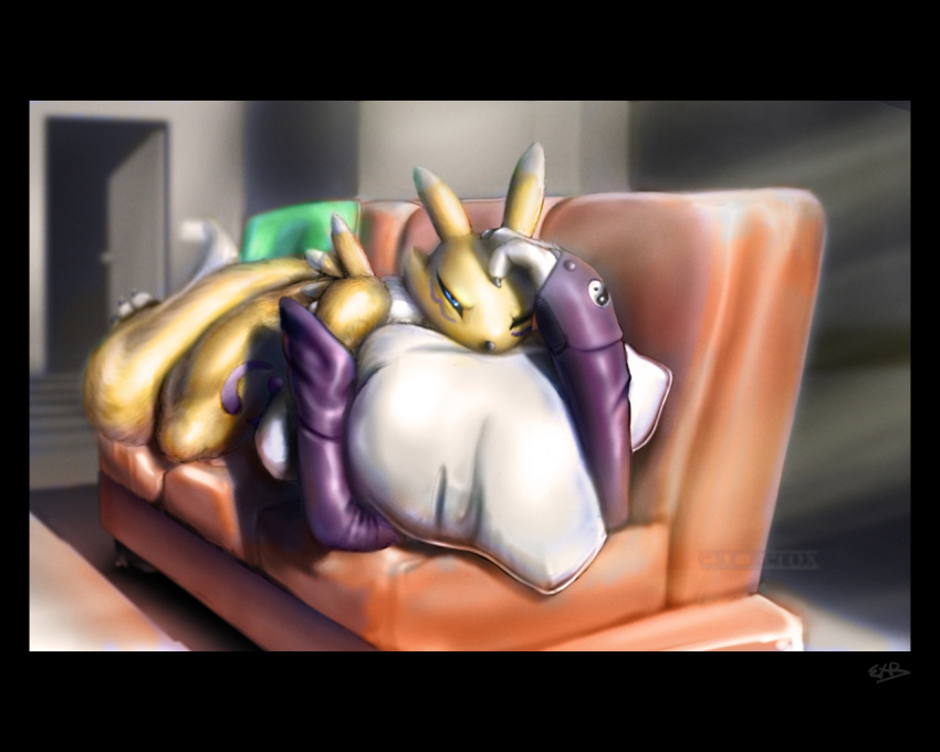 5:4 anthro bandai_namco black_sclera blue_eyes canid canine digimon digimon_(species) embrace embracing_object embracing_pillow exr_xerox female fur furniture mammal pillow renamon sofa solo tail tomoe_(symbol) waking_up white_body white_fur yellow_body yellow_fur