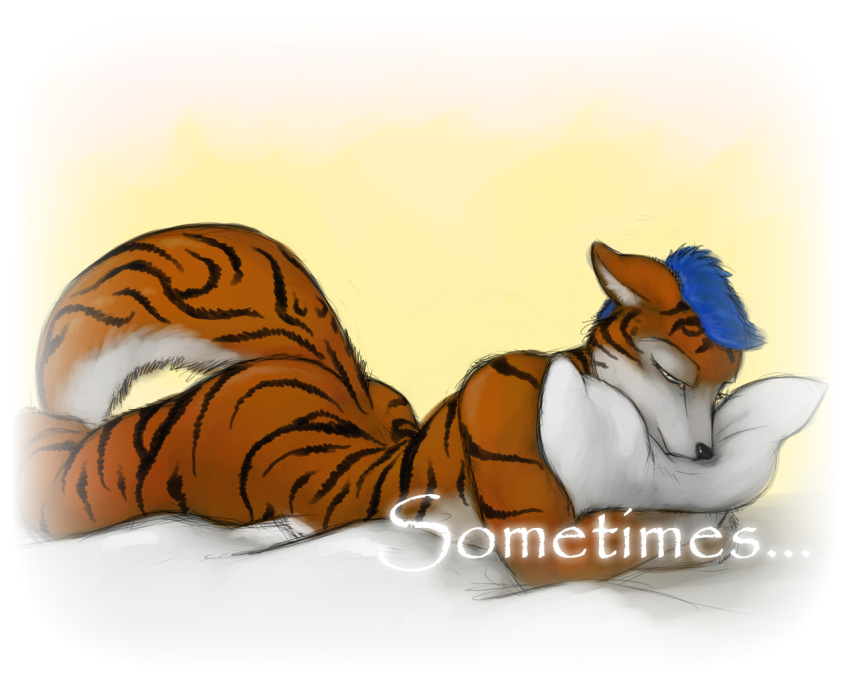 5:4 anthro bed biped blue_eyes blue_hair blue_mood embrace embracing_object embracing_pillow english_text felid female fur furniture hair hug ipoke lonely lying mammal nude on_front orange_body orange_fur pantherine pillow sharutha simple_background solo stripes tail text tiger