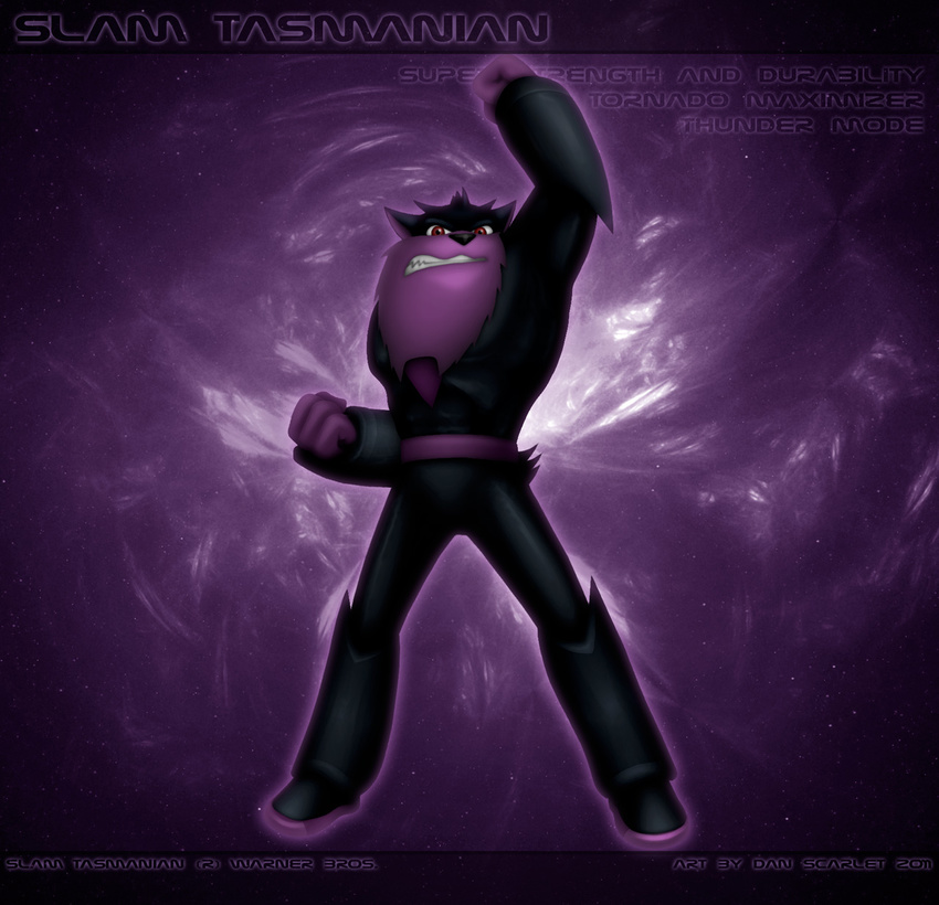 2011 bodysuit clothing dan_scarlet dasyurid dasyuromorph hi_res looking_at_viewer loonatics_unleashed looney_tunes male mammal marsupial muscular red_eyes science_fiction skinsuit slam_tasmanian solo space superhero superpowers tasmanian_devil text tight_clothing toony warner_brothers