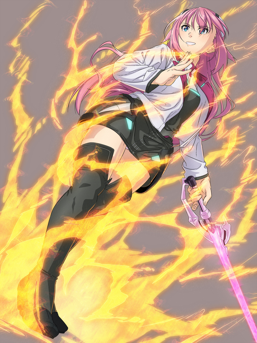 blue_eyes boko_(maniacpurple) boots commentary female fire from_below gakusen_toshi_asterisk headgear highres julis-alexia_von_riessfeld long_hair panties pantyshot pink_hair school_uniform skirt smile solo standing sword thigh_boots thighhighs underwear weapon