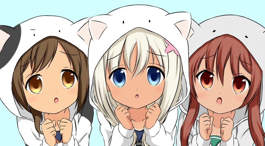 3girls animal_ears animal_hood blue_eyes brown_eyes brown_hair cat_ears clenched_hands commentary_request cosplay dark-skinned_female dark_skin fake_animal_ears flower gochuumon_wa_usagi_desu_ka? hair_flower hair_ornament highres hood i-401_(kancolle) jouga_maya jouga_maya_(cosplay) juuji_(spiral-koma) kafuu_chino kafuu_chino_(cosplay) kantai_collection libeccio_(kancolle) long_hair looking_at_viewer multiple_girls natsu_megumi natsu_megumi_(cosplay) open_mouth parody ro-500_(kancolle) school_uniform serafuku tan tokimeki_poporon white_hair