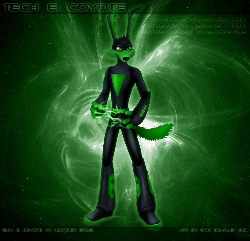 anthro bodysuit canid canine canis clothing coyote dan_scarlet green_eyes hi_res loonatics_unleashed looney_tunes male mammal skinsuit solo space superhero superpowers tech_e_coyote text tight_clothing toony warner_brothers