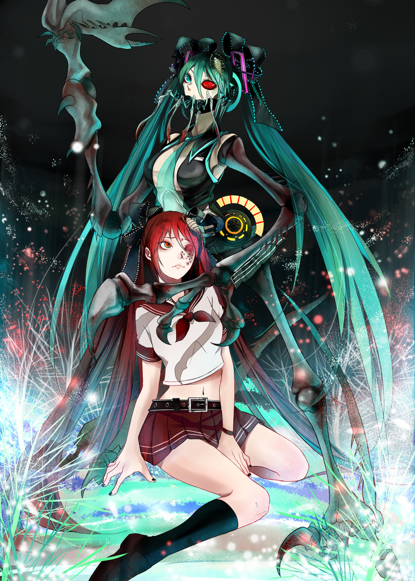 2girls absurdres aqua_eyes belt black_legwear bow ca_(maeda_koutarou) calne_ca_(deino) commentary_request crustacean cyborg green_hair hairbow hatsune_miku heterochromia highres honya1 isopod kneehighs long_hair mandibles multiple_girls nato-kun necktie original photoshop_(medium) red_hair saikin_osen_-_bacterial_contamination_-_(vocaloid) school_uniform science_fiction serafuku shoes skirt socks twintails vocaloid