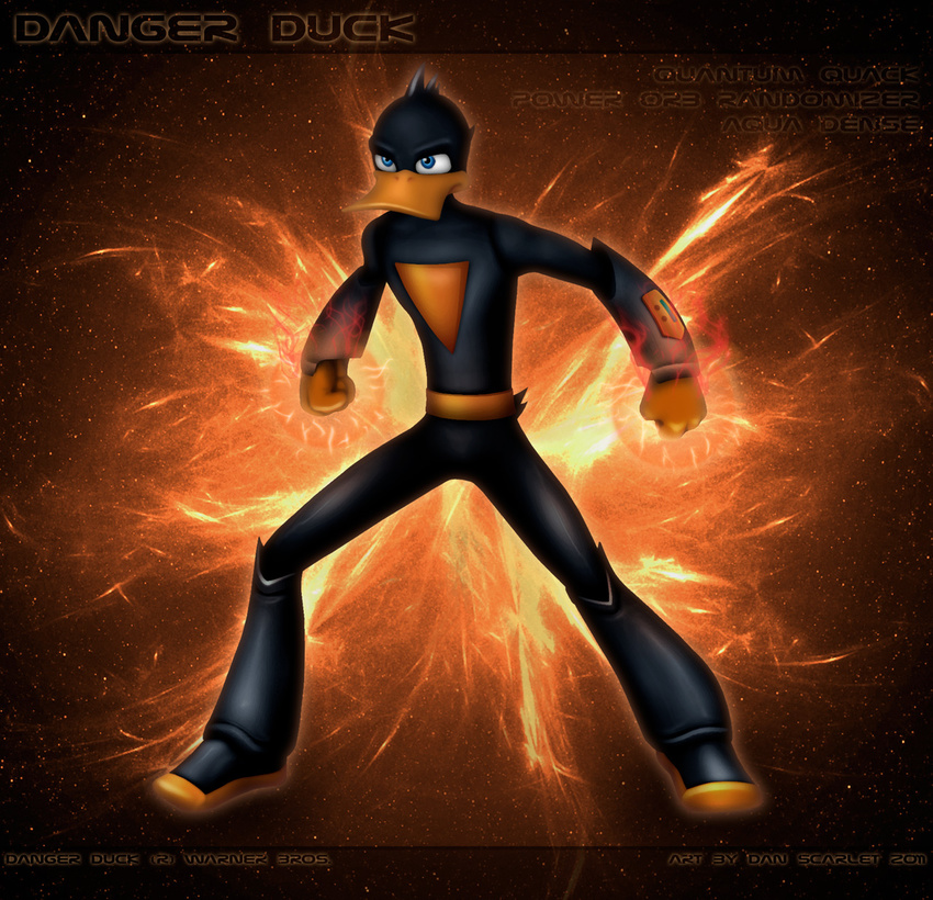 2011 anatid anseriform anthro avian bird blue_eyes bodysuit clothing dan_scarlet danger_duck duck hi_res loonatics_unleashed looney_tunes male science_fiction skinsuit solo space superhero superpowers text tight_clothing toony warner_brothers