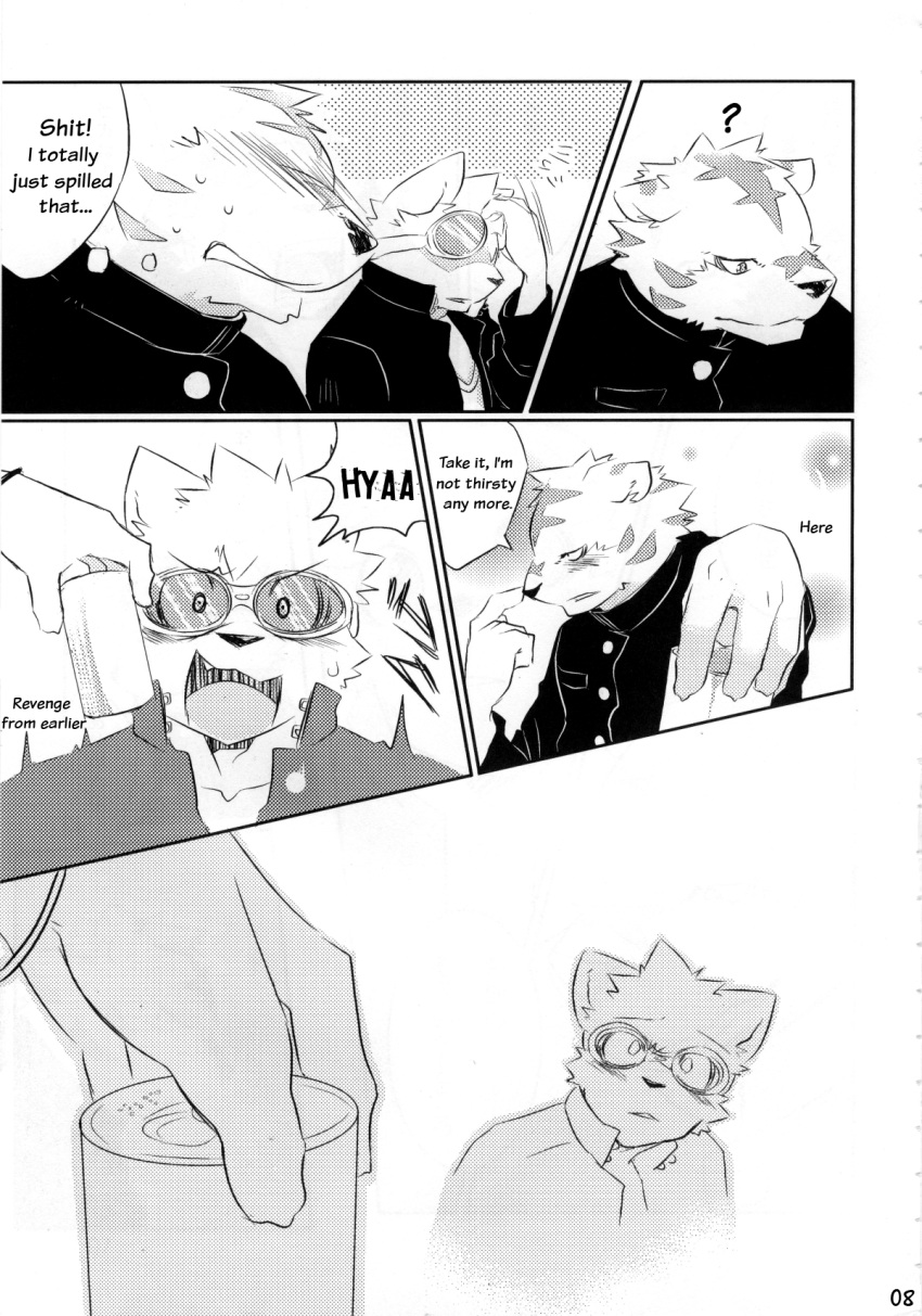 anthro blush canid canine canis comic dialogue domestic_dog duo english_text eyewear felid goggles greyscale hard_translated hi_res kenn male mammal monochrome pantherine text third-party_edit tiger translated translation_edit