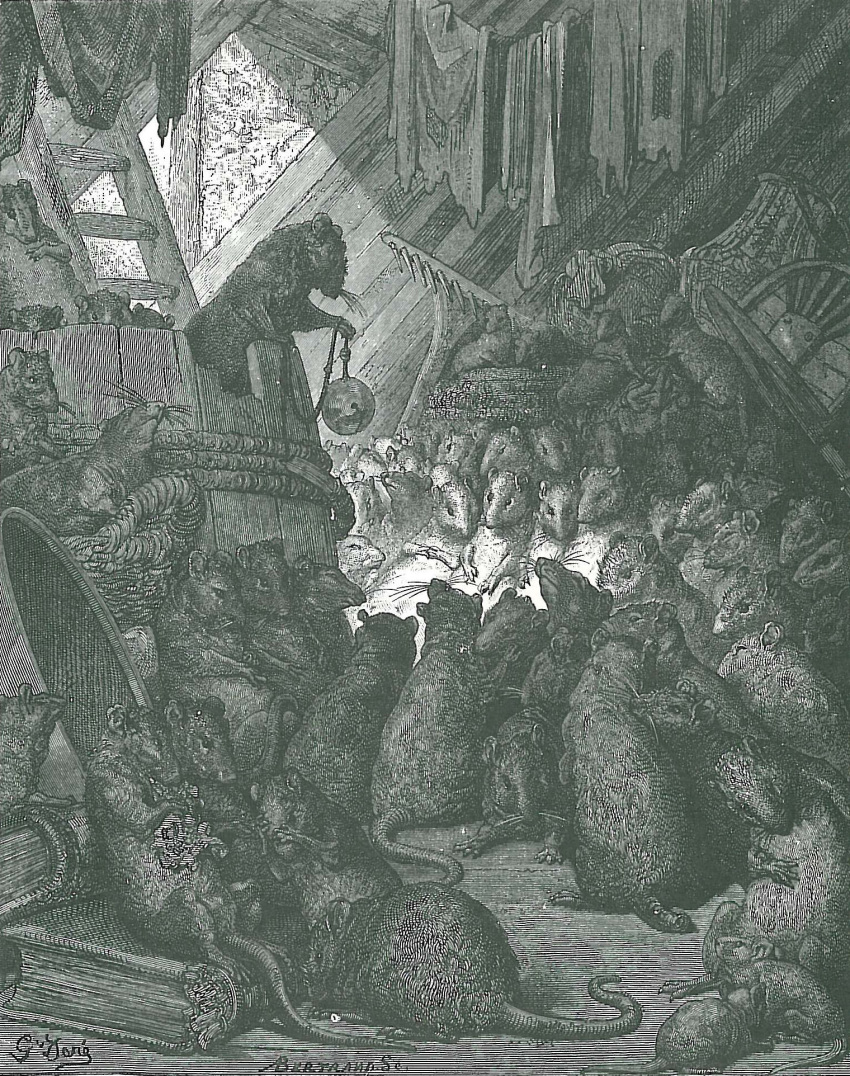 1868 19th_century ambiguous_gender ancient_art barrel bell belling_the_cat book engraving feral formal_art greyscale group gustave_dore hi_res les_fables_de_la_fontaine mammal monochrome murid murine nude rat rodent tail text traditional_media_(artwork) whiskers