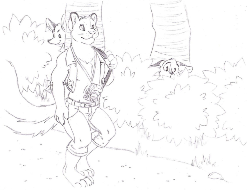 anthro barefoot citra clothed clothing feet felid fluffy fluffy_tail graphite_(artwork) greyscale group hal_(halbean) halbean leopard looking_at_another male mammal monochrome outside pantherine peeping pencil_(artwork) solo_focus tail traditional_media_(artwork) walking wood