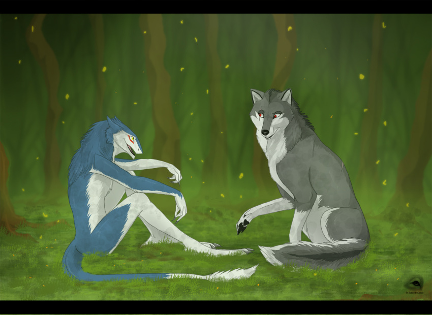 2010 anthro canid canine canis detailed_background duo female forest grass light male mammal markus_(dowantanaccount) natalie_de_corsair nature outside plant red_eyes sergal sitting sitting_on_grass sitting_on_ground smile sunlight tail tree wolf yellow_eyes