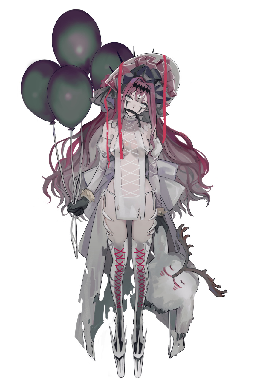 absurdres balloon baobhan_sith_(fate) baobhan_sith_(third_ascension)_(fate) cernunnos_(fate) fate/grand_order fate_(series) female full_body head_tilt highres kitou_saji long_hair red_hair simple_background solo white_background white_eyes