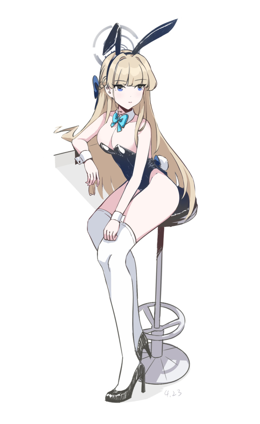 absurdres animal_ears aqua_bow aqua_bowtie black_footwear black_leotard blonde_hair blue_archive blue_eyes blush bow bowtie breasts chair cleavage closed_mouth dated detached_collar fake_animal_ears fake_tail female full_body highleg highleg_leotard highres leotard long_hair looking_to_the_side medium_breasts official_alternate_costume on_chair ping_zhong_yu playboy_bunny rabbit_ears rabbit_tail shoes simple_background sitting solo strapless strapless_leotard tail thighhighs toki_(blue_archive) toki_(bunny)_(blue_archive) white_background white_thighhighs