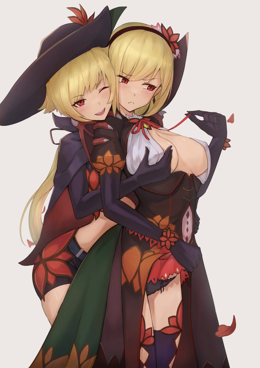 2girls :< ;d absurdres assisted_exposure bell_orgel black_gloves black_hairband black_headwear black_panties blonde_hair breasts cape commentary dhampir_(monster_girl_encyclopedia) dress earrings elbow_gloves frown gloves grabbing grabbing_another's_breast grabbing_from_behind grey_background hairband highres jewelry large_breasts long_hair looking_at_viewer looking_away low_ponytail monster_girl_encyclopedia multiple_girls one_eye_closed open_mouth panties puffy_sleeves red_eyes short_hair short_shorts shorts simple_background smile thighhighs underwear vampire_(monster_girl_encyclopedia) yuri