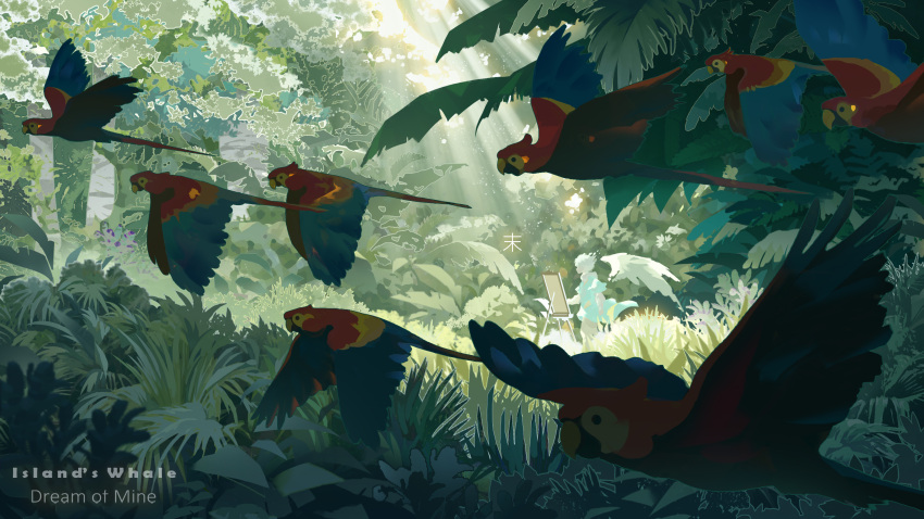 1boy absurdres bird feathers flying forest highres ice_(805482263) jungle leaf light macaw nature original outdoors painting_(action) painting_(object) parrot plant rainforest red_feathers scarlet_macaw scenery tree