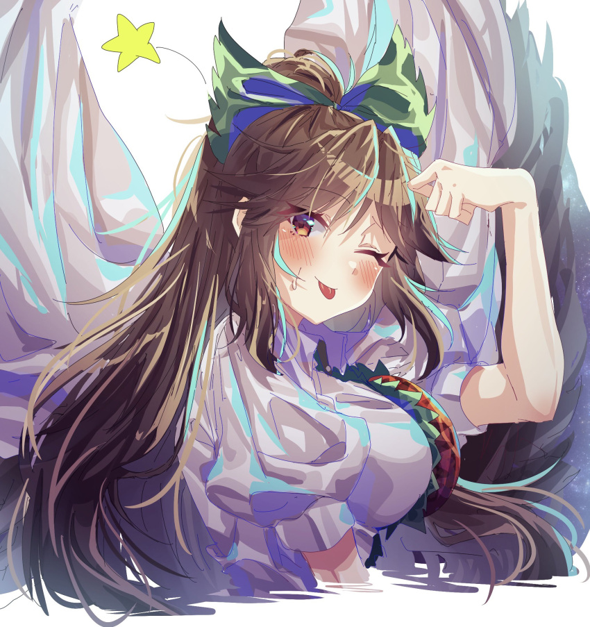 ;p black_wings bow brown_hair cape dojikko_pose female green_bow hairbow hayashida_chiyo highres long_hair one_eye_closed reiuji_utsuho short_sleeves solo star_(symbol) tongue tongue_out touhou upper_body white_cape wings