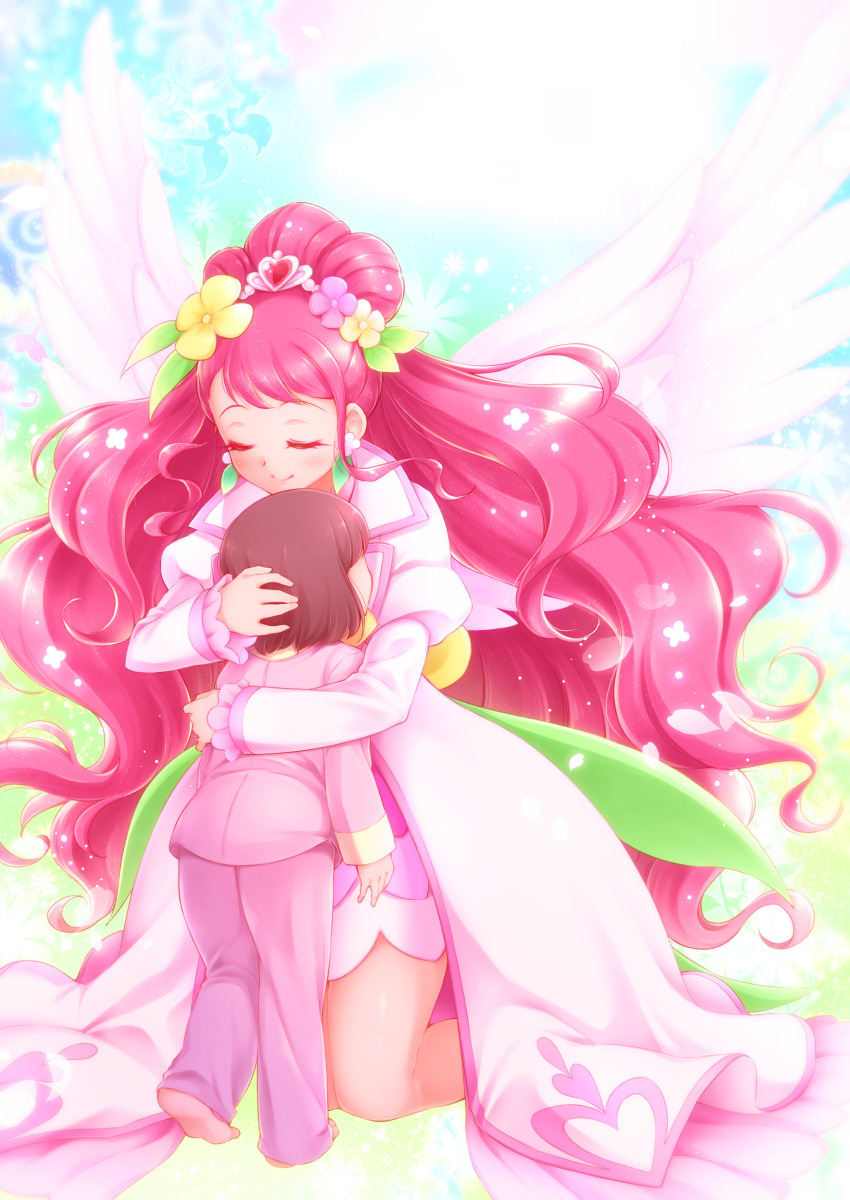 2girls absurdres angel_wings arakawa_tarou blush closed_eyes commentary_request cure_grace cure_grace_(healin'_good_style) dress earrings eyelashes feathered_wings hair_ornament hanadera_nodoka happy healin'_good_precure highres jewelry layered_dress long_hair long_sleeves magical_girl multiple_girls pink_hair precure puffy_sleeves smile very_long_hair wings