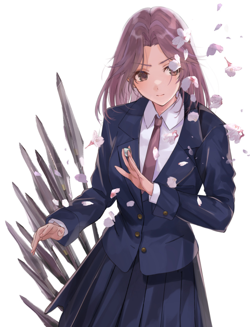 blazer brown_eyes collared_shirt commentary cowboy_shot cuff_links falling_petals female fingernails formal highres holding holding_mahjong_tile jacket kajiki_yumi mahjong mahjong_tile md5_mismatch mexif necktie petals pleated_skirt purple_hair resolution_mismatch saki_(manga) school_uniform shirt simple_background skirt solo source_larger white_background