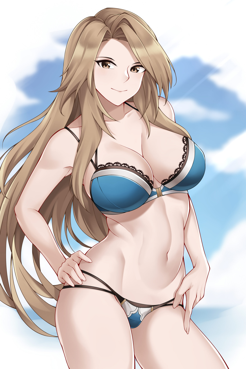 absurdres aslindsamure bangs bare_shoulders blue_bra blue_panties blue_sky blush bra breasts brown_eyes brown_hair cleavage closed_mouth collarbone female granblue_fantasy hands_on_hips highres katalina_aryze lace lace-trimmed_bra large_breasts long_hair looking_at_viewer multi-strapped_panties navel paid_reward panties parted_bangs patreon_reward sidelocks sky smile solo thighs underwear