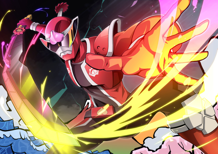 1boy animification avataro_sentai_donbrothers donmomotarou electricity gamiani_zero gloves helmet highres holding holding_sword holding_weapon male_focus open_hand red_gloves solo super_sentai sword tokusatsu visor waves weapon