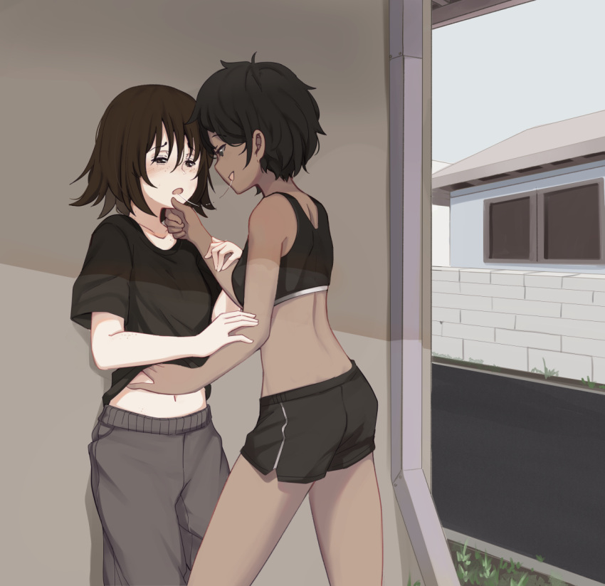 2girls after_kiss black_hair black_shirt black_shorts black_tank_top blush brown_eyes brown_hair collarbone commentary dark-skinned_female dark_skin downspout english_commentary eye_contact freckles grass grey_pants hand_on_another's_chin hand_on_another's_stomach hiwonoafu interracial looking_at_another midriff multiple_girls navel open_mouth original pants saliva saliva_trail shadow shirt short_hair short_shorts short_sleeves shorts smile tank_top tomboy yuri