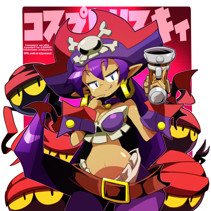 2022 5_fingers bandana belt blue_eyes breasts clothing cosplay english_text female fingers genie group gun hair handgun hat headgear headwear hi_res humanoid humanoid_pointy_ears kerchief long_hair male n_sakurajyousui not_furry purple_hair ranged_weapon risky_boots shantae shantae_(series) signature text tinkerbat tongue wayforward weapon