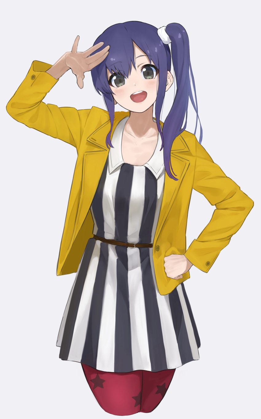 :d absurdres belt dress female green_eyes grey_background hair_between_eyes hair_tie hand_on_own_hip highres imai_midori jacket long_hair open_clothes open_jacket open_mouth pantyhose parted_bangs patterned_clothing ponytail print_pantyhose purple_hair red_pantyhose salute shirobako side_ponytail sidelocks smile solo star_(symbol) star_print striped_clothes striped_dress takita_(takita3411) vertical-striped_clothes vertical-striped_dress yellow_jacket