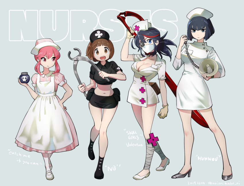 4girls :d alternate_costume apron ariorihaberi arm_up bandaged_leg bandages black_footwear black_hair black_headwear black_skirt blue_eyes blunt_bangs blunt_ends bob_cut bomb breasts brown_eyes brown_hair catch_me_if_you_can closed_mouth collared_dress collared_shirt commentary_request cosplay crop_top cropped_shirt dated dress english_text explosive expressionless eyepatch flats gloves green_background hand_on_own_hip hat high_heels holding jakuzure_nonon kill_la_kill kiryuuin_satsuki light_frown long_dress looking_at_another looking_at_viewer low_twintails mankanshoku_mako mary_janes mask matoi_ryuuko medium_breasts medium_hair megaphone microdress microskirt midriff mouth_mask multicolored_hair multiple_girls navel no_legwear nurse nurse_cap open_mouth pantyhose parted_lips pencil_skirt pink_eyes pink_hair pink_headwear pliers ponytail scissor_blade_(kill_la_kill) shirt shoes short_dress short_hair short_sleeves siblings sisters skirt skull_and_crossbones skullgirls smile standing standing_on_one_leg streaked_hair striped_clothes striped_dress striped_headwear surgical_mask text_background twintails twitter_username valentine_(skullgirls) valentine_(skullgirls)_(cosplay) vertical_stripes white_apron white_dress white_footwear white_gloves white_headwear white_pantyhose