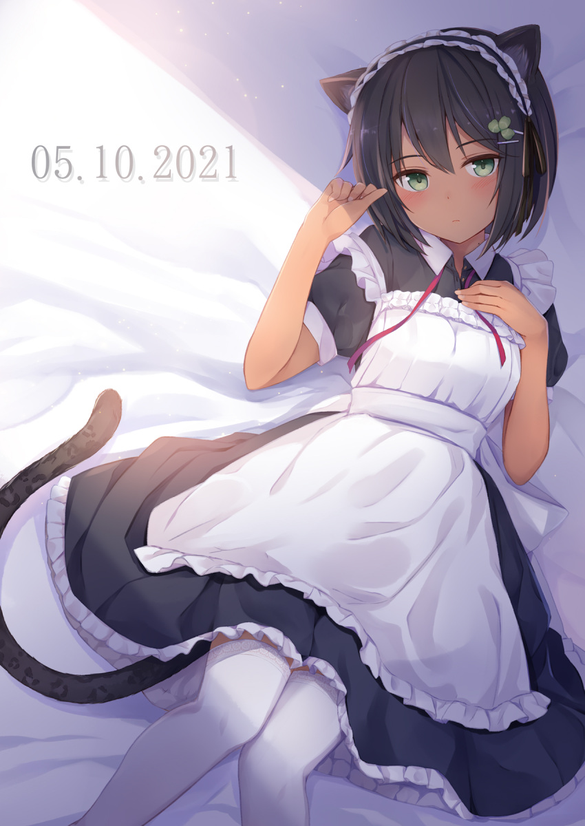 animal_ears apron black_hair breasts cat_ears closed_mouth dated dress female frilled_hairband frills from_above fuji_kakei green_eyes hairband hand_on_own_chest highres looking_at_viewer lying maid maid_apron neck_ribbon on_back original pink_ribbon ribbon short_sleeves small_breasts solo tail thighhighs white_thighhighs